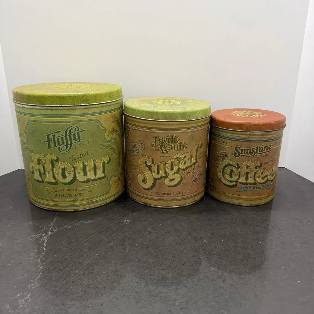 Vintage Ballonoff Flour Sugar Coffee Tin Canister Set MCM Retro Kitchen Litho US